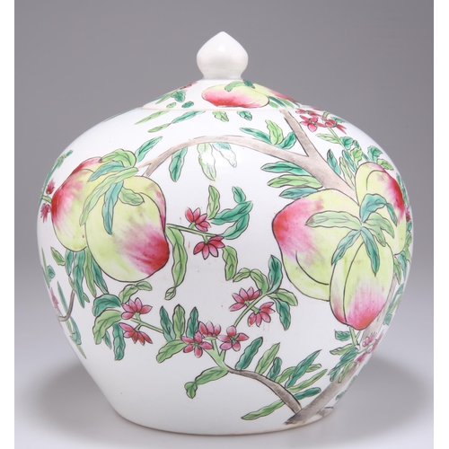 241 - A CHINESE FAMILLE ROSE VASE AND COVER, the squat body painted with peaches, bears a red mark to the ... 