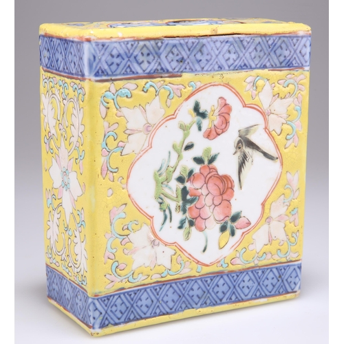 245 - A CHINESE FAMILLE ROSE MEDICINE PILLOW, square-form, painted with panels of a bird and flowers. 14.5... 