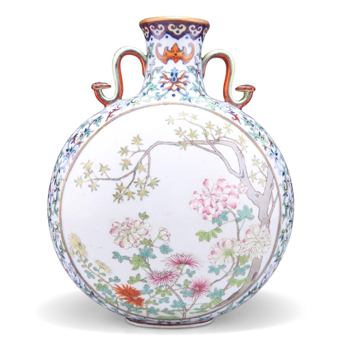 255 - A CHINESE ENAMELLED DOUCAI AND FAMILLE ROSE MOONFLASK, the flattened globular body rising from a sho... 