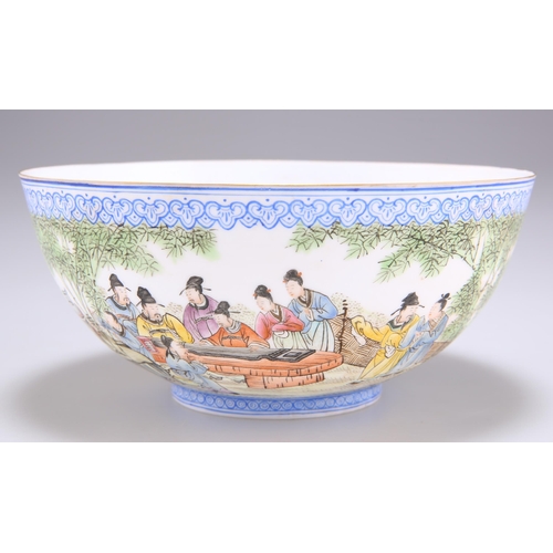 258 - A CHINESE EGGSHELL PORCELAIN BOWL, enamelled with figures in a fenced garden, bears an iron-red seal... 