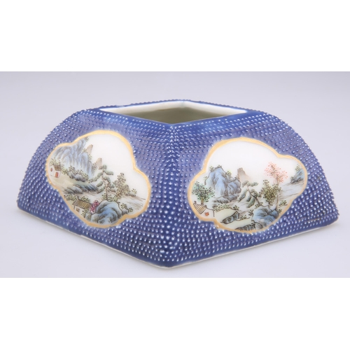 272 - A CHINESE DIAMOND-SHAPED BRUSH WASHER, decorated with four landscape-painted vignettes reserved on a... 