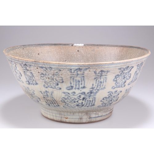 277 - A KOREAN CRACKLE GLAZED BOWL, the exterior decorated with bands of blue glazed characters, on a grey... 