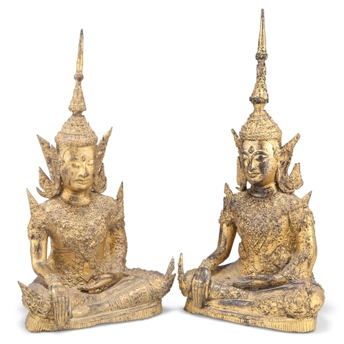 286 - A PAIR OF GILDED METAL BRONZE FIGURES OF BUDDHA, THAI, 19TH CENTURY, in Rattanakosin style, Bhumispa... 