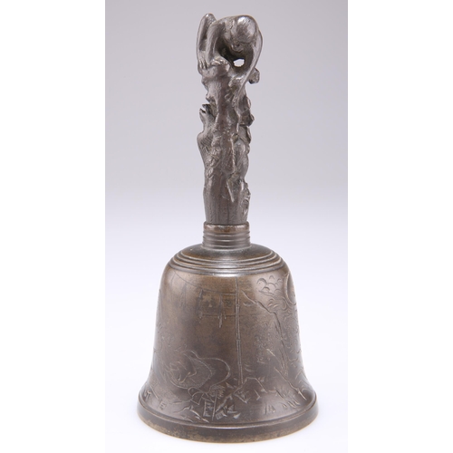 288 - A JAPANESE BRONZE BELL, CIRCA 1900, the handle cast with a monkey and owl, the bell with an engraved... 