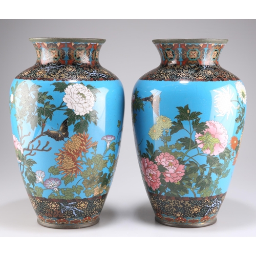 289 - A LARGE PAIR OF JAPANESE CLOISONNÉ ENAMEL VASES, MEIJI PERIOD, of baluster form, decorated with flow... 