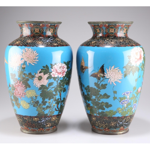 289 - A LARGE PAIR OF JAPANESE CLOISONNÉ ENAMEL VASES, MEIJI PERIOD, of baluster form, decorated with flow... 