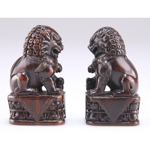 293 - A PAIR OF CHINESE CARVED HARDWOOD MODELS OF TEMPLE DOGS, each signed. (2) 5.3cm high