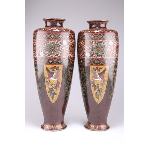 295 - A LARGE PAIR OF JAPANESE CLOISONNÉ VASES, MEIJI PERIOD, slender baluster form, decorated with reserv... 