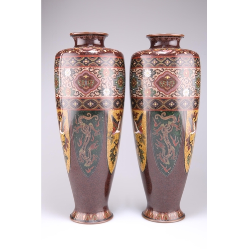 295 - A LARGE PAIR OF JAPANESE CLOISONNÉ VASES, MEIJI PERIOD, slender baluster form, decorated with reserv... 