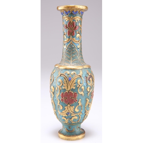 298 - A CHINESE SMALL ENAMEL VASE, the lobed ovoid body issuing a high slender neck, decorated in relief w... 