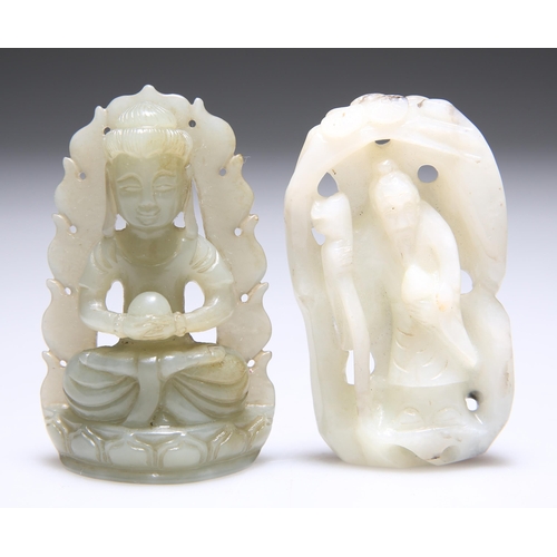 307 - A JADE CARVING OF A SEATED BUDDHA, upon a lotus throne, 6.3cm by 4cm; and A JADE CARVING OF A SCHOLA... 