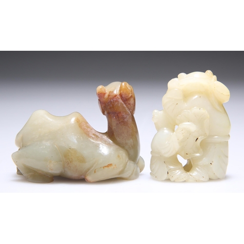 312 - A JADE CARVING OF AN ADULT AND CHILD WITH LOTUS, 5cm high; and A JADE CARVING OF A RECUMBENT CAMEL, ... 