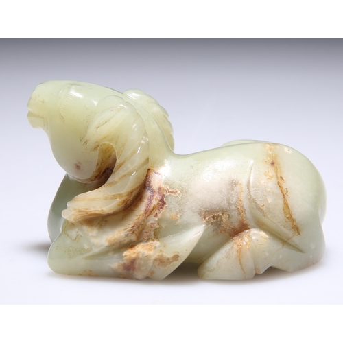 318 - A JADE CARVING OF A RECUMBENT RAM. 5cm by 7cm by 4.5cm

 View 360 degree spin: https://sarlydro.sirv... 