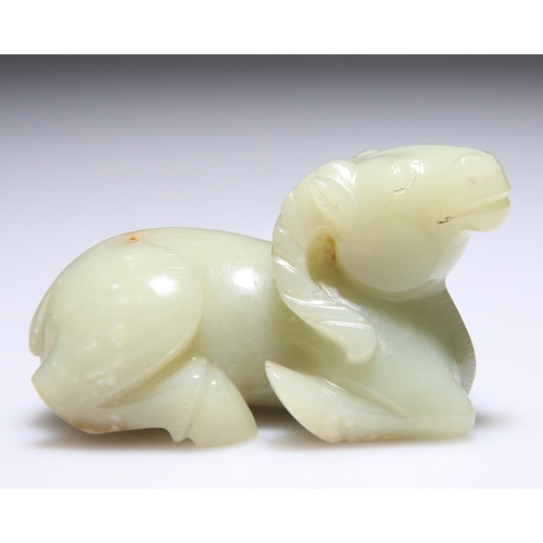 318 - A JADE CARVING OF A RECUMBENT RAM. 5cm by 7cm by 4.5cm

 View 360 degree spin: https://sarlydro.sirv... 