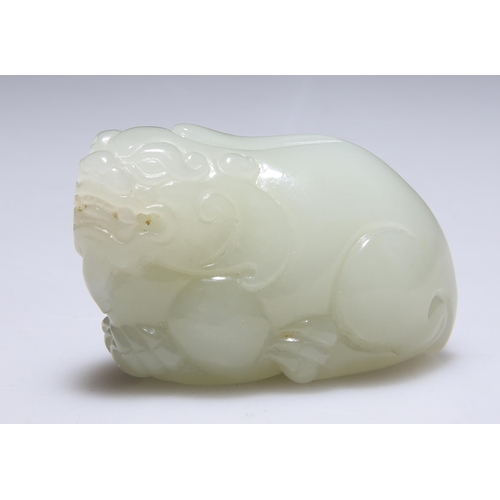 321 - A JADE CARVING OF A RECUMBENT QUILIN. 3.5cm by 5cm by 3cm

 View 360 degree spin: https://sarlydro.s... 