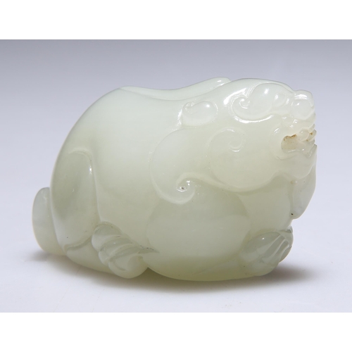 321 - A JADE CARVING OF A RECUMBENT QUILIN. 3.5cm by 5cm by 3cm

 View 360 degree spin: https://sarlydro.s... 