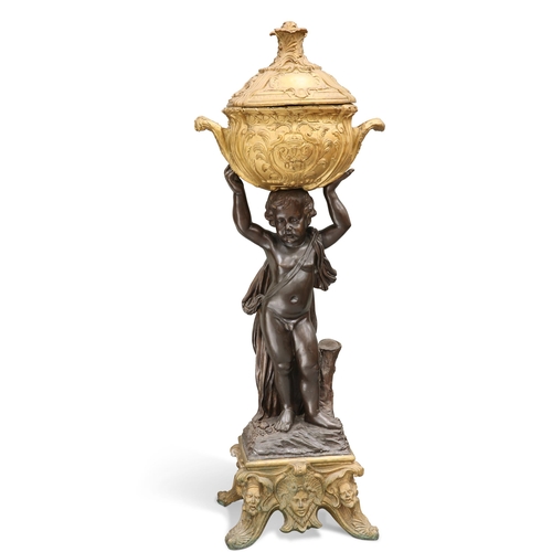 330 - A VERY LARGE BRONZE FIGURAL JARDINIÈRE, the lidded two-handled urn cast with scrolling foliage, supp... 