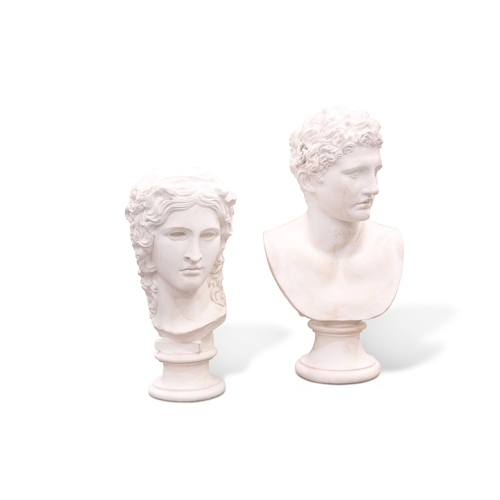 331 - TWO 20TH CENTURY LARGE PLASTER BUSTS, depicting Classical figures. (2) Largest 65.5cm high