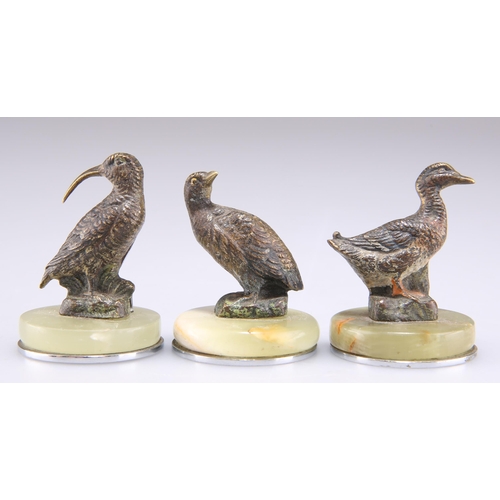 334 - A SET OF THREE EARLY 20TH CENTURY COLD-PAINTED BRONZE MENU HOLDERS, depicting a curlew, mallard and ... 