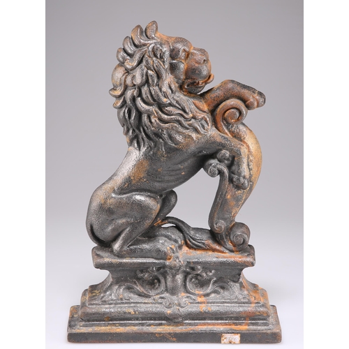 337 - A VICTORIAN RAMPANT LION CAST IRON DOOR PORTER. 35.5cm high