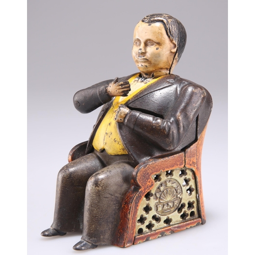 348 - A 19TH CENTURY AMERICAN NOVELTY CAST IRON TAMMANY BANK MONEY BOX, modelled as the seated figure of A... 