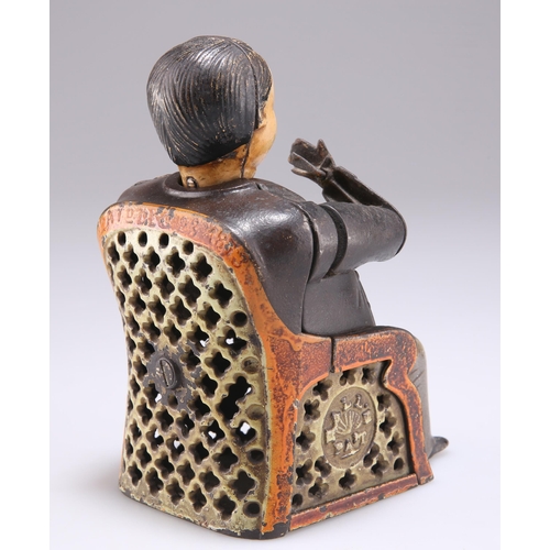 348 - A 19TH CENTURY AMERICAN NOVELTY CAST IRON TAMMANY BANK MONEY BOX, modelled as the seated figure of A... 