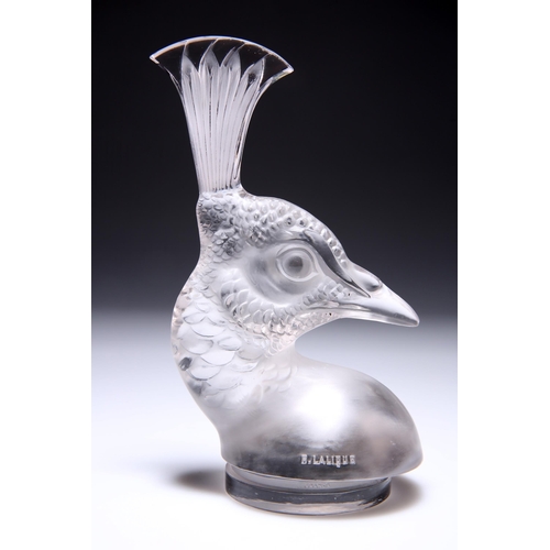 35 - RENÉ LALIQUE (FRENCH, 1860-1945), A TÊTE DE PAON' CAR MASCOT, clear moulded glass, frosted and poli... 