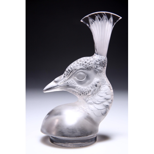 35 - RENÉ LALIQUE (FRENCH, 1860-1945), A TÊTE DE PAON' CAR MASCOT, clear moulded glass, frosted and poli... 