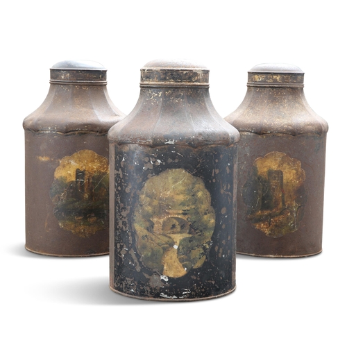 356 - A SET OF THREE 19TH CENTURY TÔLE TEA CANISTERS, each with faceted shoulder and dome-top, decorated w... 