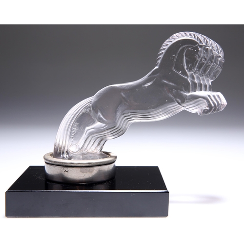 36 - RENÉ LALIQUE (FRENCH, 1860-1945), A 'CINQ CHEVAUX' CAR MASCOT, clear moulded glass, frosted and poli... 