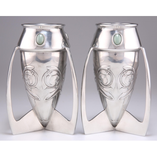 361 - ARCHIBALD KNOX (1864-1933) FOR LIBERTY & CO, A RARE PAIR OF TUDRIC PEWTER BOMB VASES, NO.0226, of ta... 