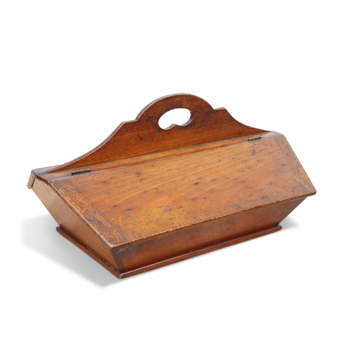 388 - A 19TH CENTURY MAHOGANY CUTLERY TRAY, with twin hinged covers and canted sides. 44cm wide