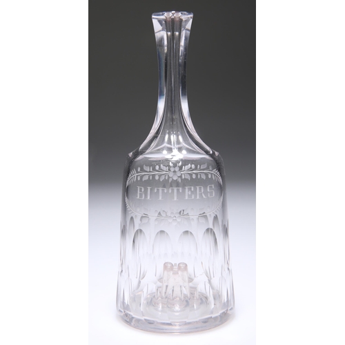 4 - A GEORGIAN GLASS BITTERS BOTTLE, of mallet form with a slice cut stem, engraved 'Bitters' within a f... 