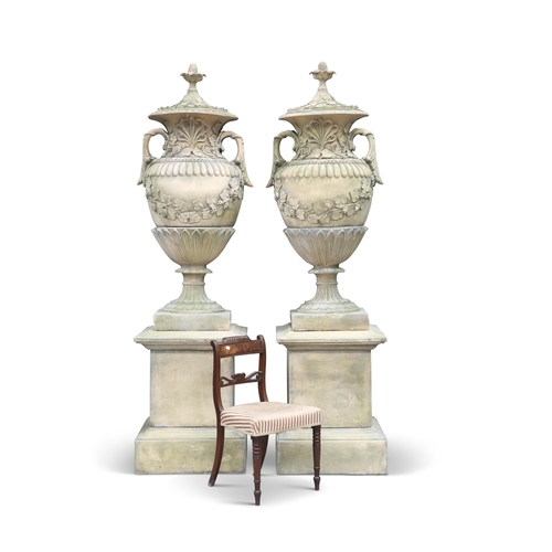 441 - A PAIR OF EXCEPTIONALLY LARGE RECONSTITUTED STONE GARDEN URNS, with detachable covers, the bulbous u... 