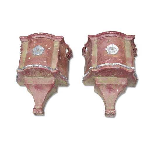 447 - A PAIR OF CAST IRON RAIN HOPPERS, 19TH CENTURY, maroon painted, each with a floral roundel and rope ... 