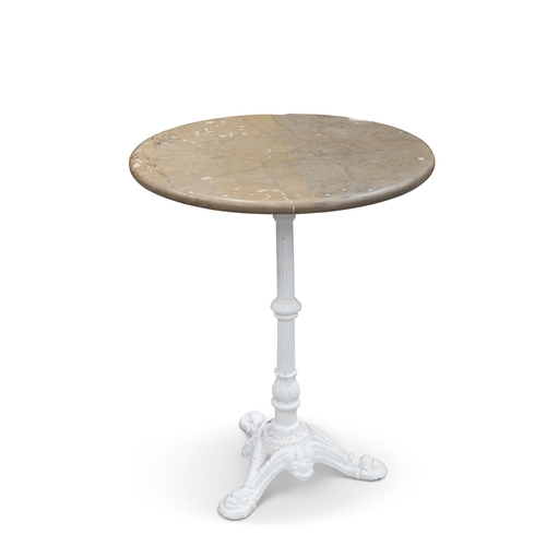 451 - A VICTORIAN CAST IRON AND MARBLE-TOPPED TABLE, with circular top. 73.5cm high, 59.5cm diameter