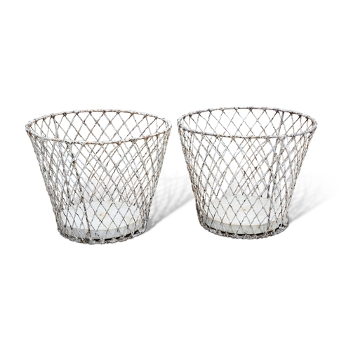 452 - A PAIR OF 19TH CENTURY FRENCH WIREWORK JARDINIÈRES, of tapering cylindrical form, each with a wooden... 