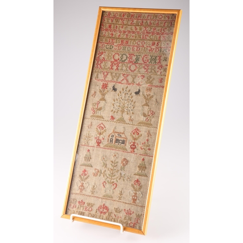 471 - A GEORGE III NEEDLEWORK SAMPLER, worked by Marion Dalgleish, 1804, depicting alphabet, numbers, bird... 