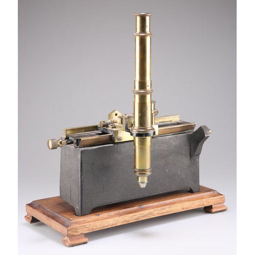 481 - A VINTAGE VERNIER MICROSCOPE, BY PHILIP HARRIS & CO LTD, BIRMINGHAM, brass and cast iron with a wood... 