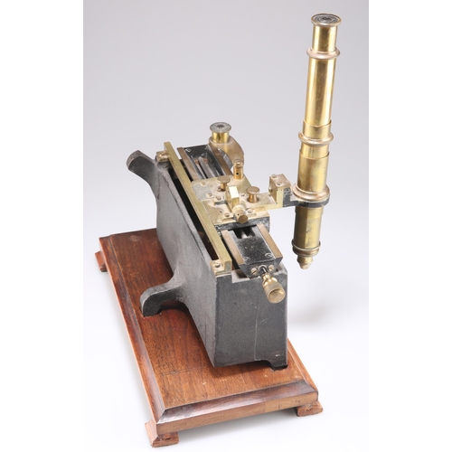 481 - A VINTAGE VERNIER MICROSCOPE, BY PHILIP HARRIS & CO LTD, BIRMINGHAM, brass and cast iron with a wood... 