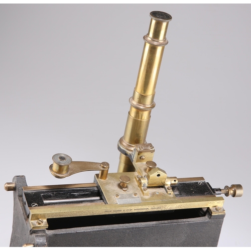 481 - A VINTAGE VERNIER MICROSCOPE, BY PHILIP HARRIS & CO LTD, BIRMINGHAM, brass and cast iron with a wood... 