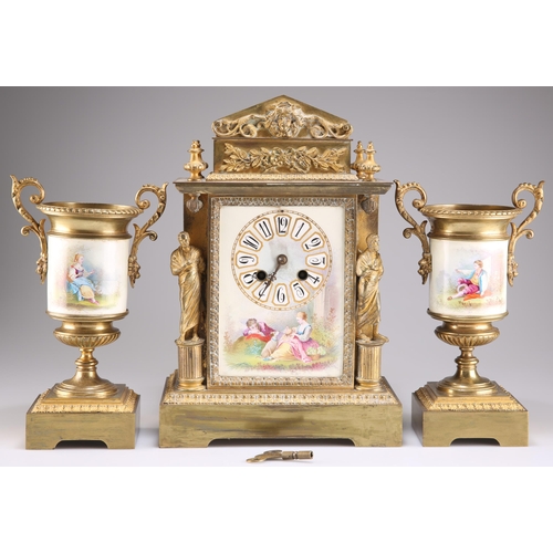 484 - A GILT METAL AND PORCELAIN CLOCK GARNITURE, CIRCA 1890, in the Classical style, decorated with figur... 