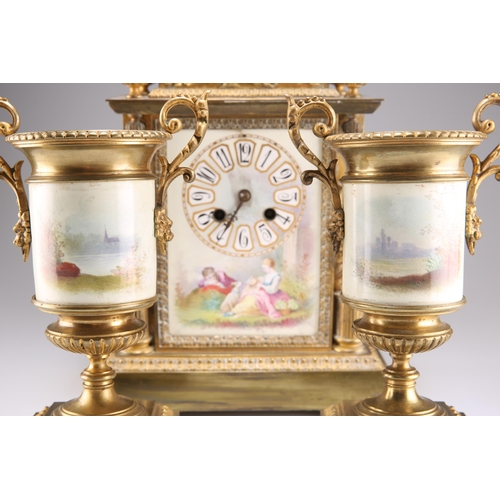 484 - A GILT METAL AND PORCELAIN CLOCK GARNITURE, CIRCA 1890, in the Classical style, decorated with figur... 