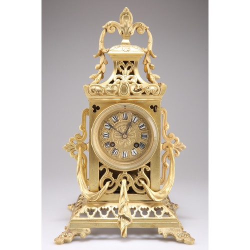 485 - A FRENCH GILT-BRASS MANTEL CLOCK, the pierced case cast with drapery and trefoils, the dial with Rom... 