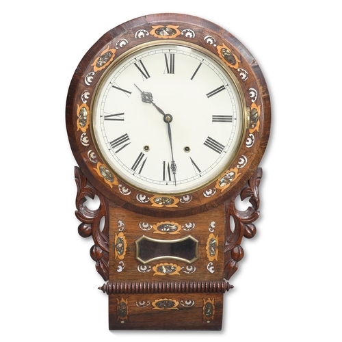 489 - A VICTORIAN INLAID ROSEWOOD DROP-DIAL WALL CLOCK, the circular dial with Roman numerals, two-train m... 