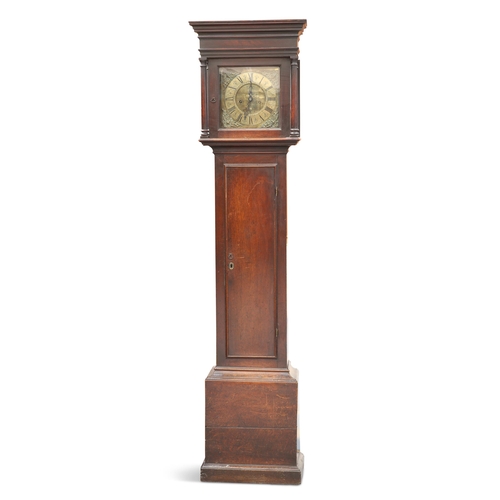 493 - AN 18TH CENTURY OAK EIGHT-DAY LONGCASE CLOCK, unsigned, the 10-inch square brass dial engraved with ... 