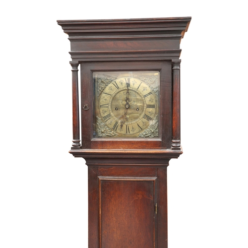 493 - AN 18TH CENTURY OAK EIGHT-DAY LONGCASE CLOCK, unsigned, the 10-inch square brass dial engraved with ... 