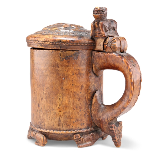 502 - A BIRCH PEG TANKARD, NORWEGIAN, 18TH CENTURY, IN THE MANNER OF M. HAGE, the hinged domed cover centr... 