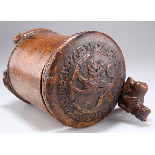 502 - A BIRCH PEG TANKARD, NORWEGIAN, 18TH CENTURY, IN THE MANNER OF M. HAGE, the hinged domed cover centr... 