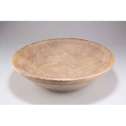 504 - A SYCAMORE DAIRY BOWL, 19TH CENTURY, typical circular form, with banded decoration. 37cm diameter